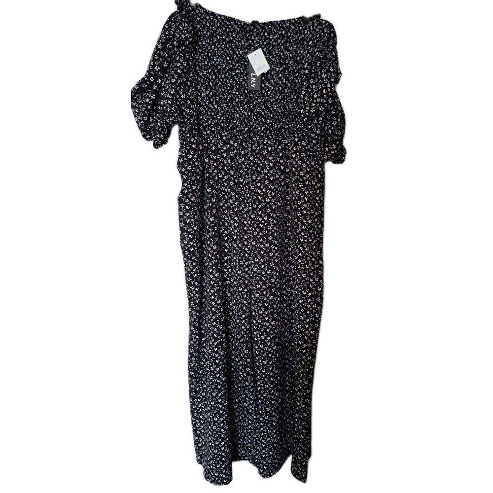 L.N.V Puff Sleeve Wide-Leg Jumpsuit Romper Size 3X Black White Ditzy Floral New